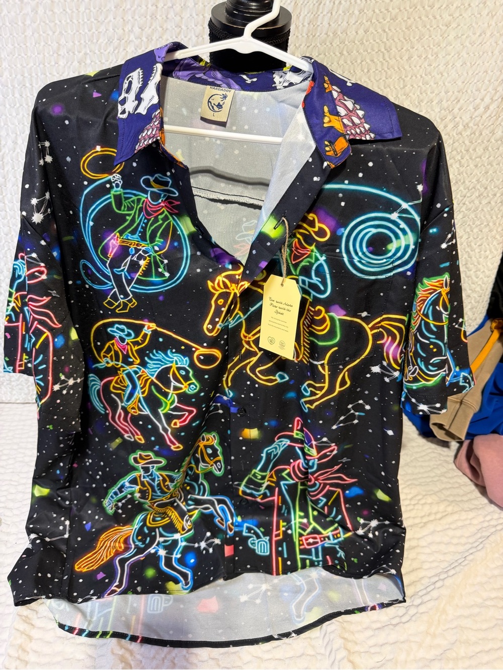 Black Neon Rodeo Print Short Sleeve Button-Down Shirt
